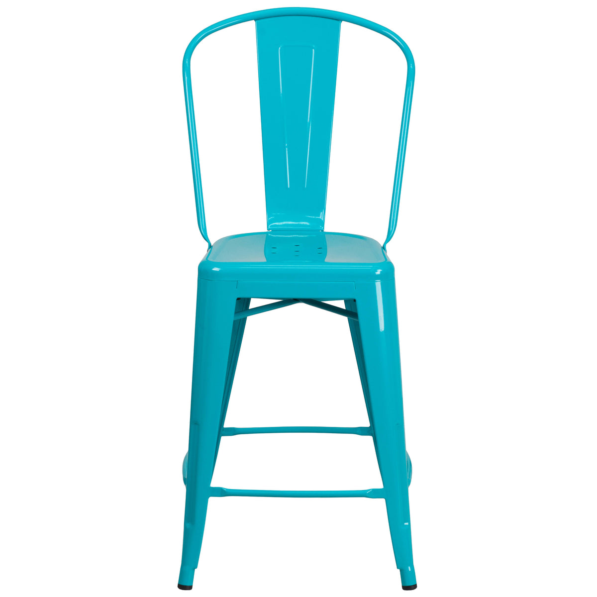 Crystal Teal-Blue |#| 24inch High Crystal Teal-Blue Metal Indoor-Outdoor Counter Height Stool with Back