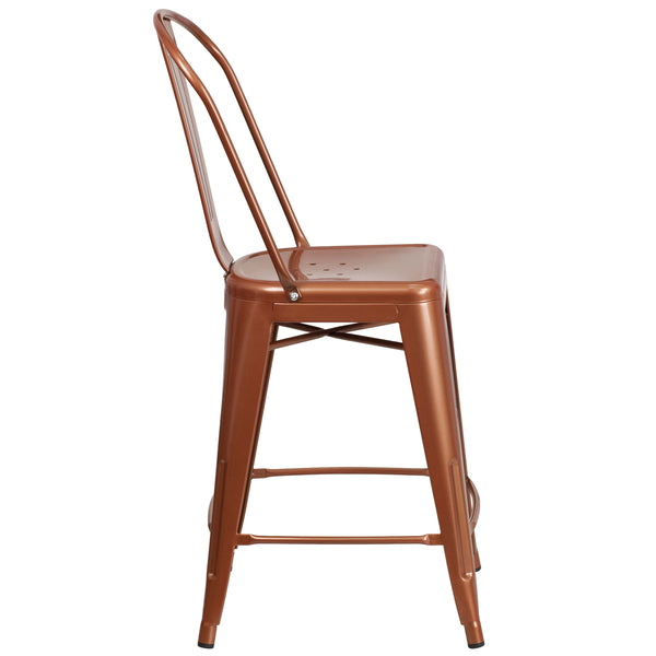 Copper |#| 24inch High Copper Metal Indoor-Outdoor Counter Height Stool with Back