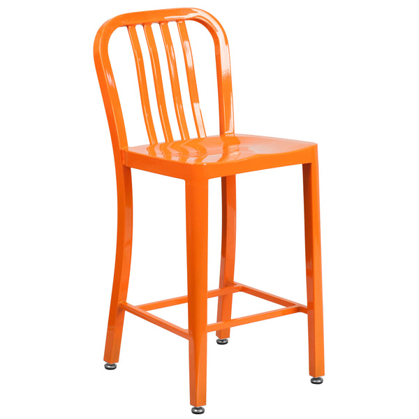 Orange |#| 24inch High Orange Metal Indoor-Outdoor Counter Height Stool w/ Vertical Slat Back