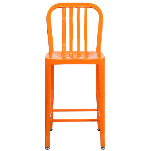 Orange |#| 24inch High Orange Metal Indoor-Outdoor Counter Height Stool w/ Vertical Slat Back