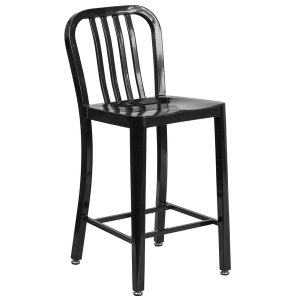 Black |#| 24inch High Black Metal Indoor-Outdoor Counter Height Stool with Vertical Slat Back