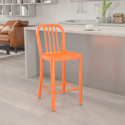 Commercial Grade 24" High Metal Indoor-Outdoor Counter Height Stool with Vertical Slat Back - View 2