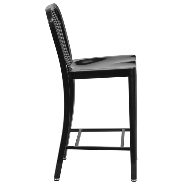 Black |#| 24inch High Black Metal Indoor-Outdoor Counter Height Stool with Vertical Slat Back