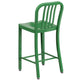 Green |#| 24inch High Green Metal Indoor-Outdoor Counter Height Stool with Vertical Slat Back