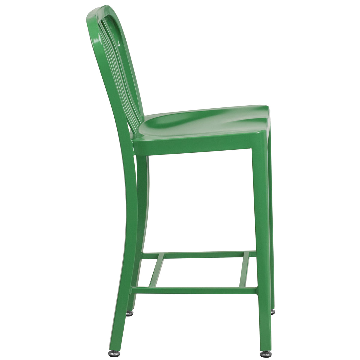 Green |#| 24inch High Green Metal Indoor-Outdoor Counter Height Stool with Vertical Slat Back