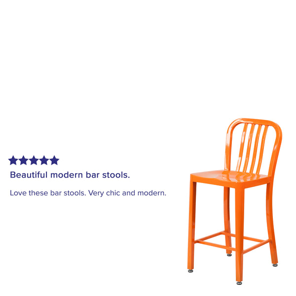 Orange |#| 24inch High Orange Metal Indoor-Outdoor Counter Height Stool w/ Vertical Slat Back