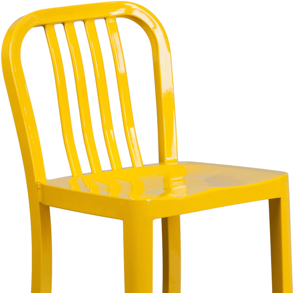 Yellow |#| 24inch High Yellow Metal Indoor-Outdoor Counter Height Stool w/ Vertical Slat Back