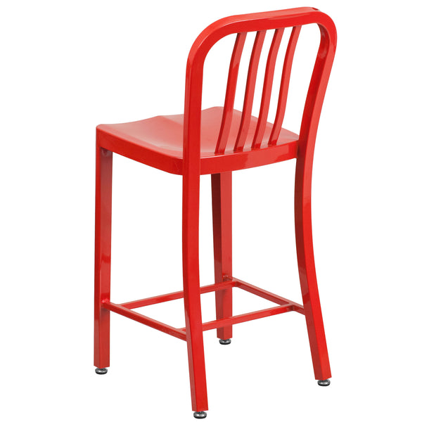 Red |#| 24inch High Red Metal Indoor-Outdoor Counter Height Stool with Vertical Slat Back