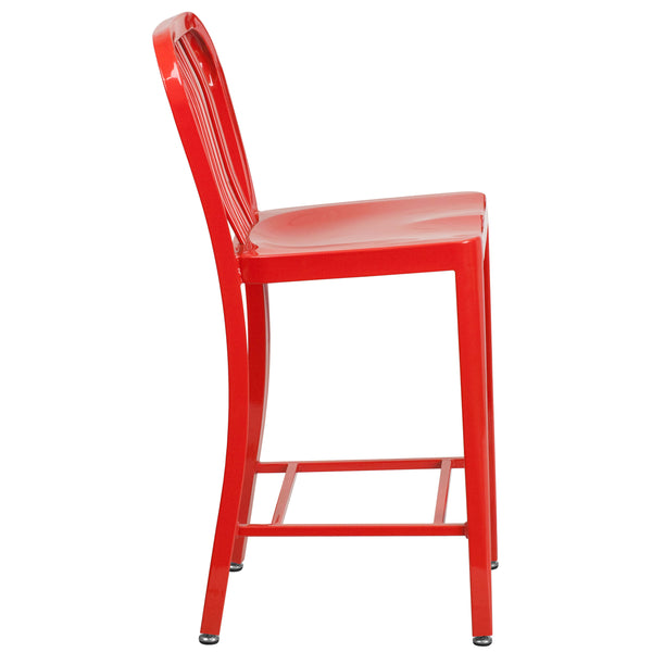 Red |#| 24inch High Red Metal Indoor-Outdoor Counter Height Stool with Vertical Slat Back