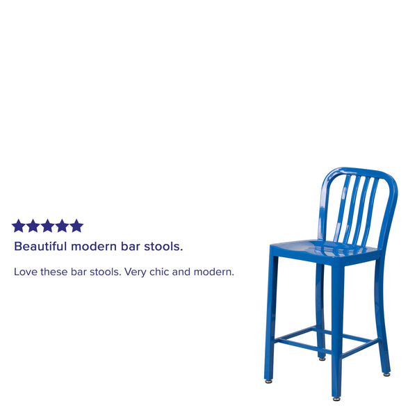 Blue |#| 24inch High Blue Metal Indoor-Outdoor Counter Height Stool with Vertical Slat Back