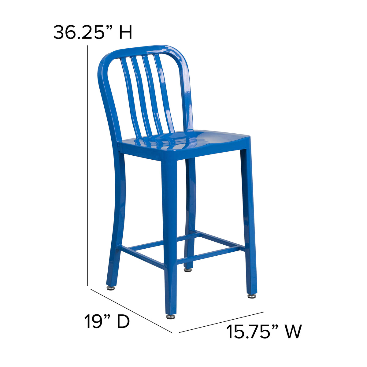 Blue |#| 24inch High Blue Metal Indoor-Outdoor Counter Height Stool with Vertical Slat Back