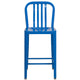 Blue |#| 24inch High Blue Metal Indoor-Outdoor Counter Height Stool with Vertical Slat Back