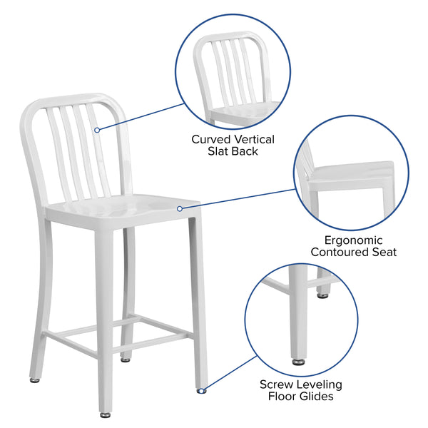 White |#| 24inch High White Metal Indoor-Outdoor Counter Height Stool with Vertical Slat Back