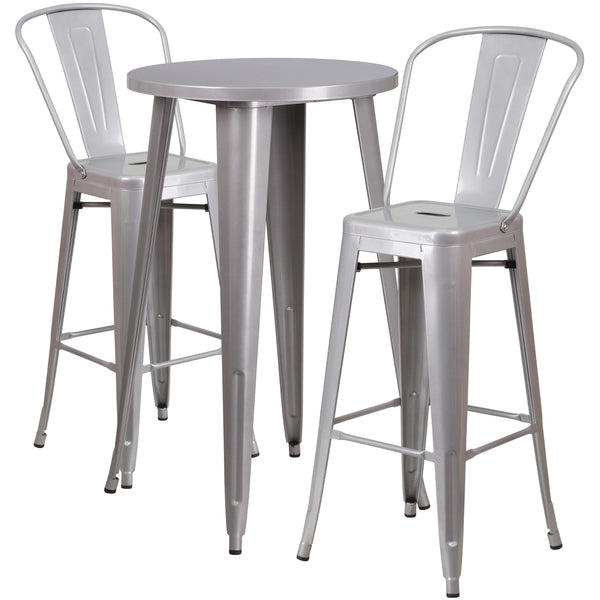 Silver |#| 24inch Round Silver Metal Indoor-Outdoor Bar Table Set with 2 Cafe Stools