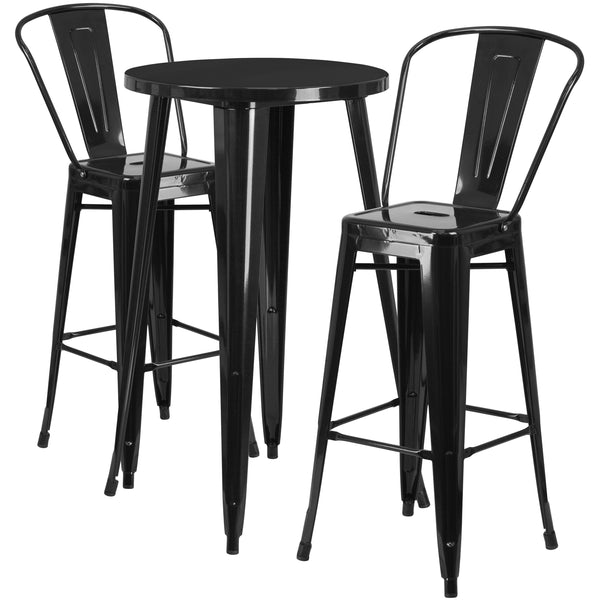 Black |#| 24inch Round Black Metal Indoor-Outdoor Bar Table Set with 2 Cafe Stools