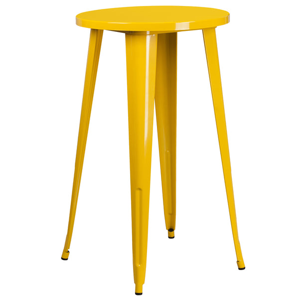 Yellow |#| 24inch Round Yellow Metal Indoor-Outdoor Bar Table Set with 2 Cafe Stools