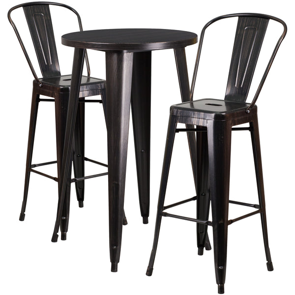 Black-Antique Gold |#| 24inch Round Black-Gold Metal Indoor-Outdoor Bar Table Set with 2 Cafe Stools