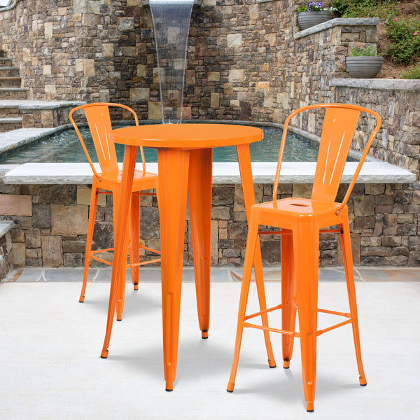 Orange |#| 24inch Round Orange Metal Indoor-Outdoor Bar Table Set with 2 Cafe Stools