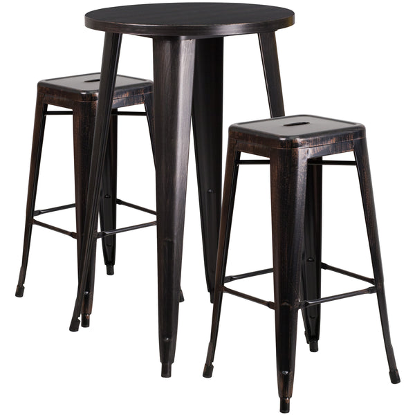 Black-Antique Gold |#| 24inch Round Black-Gold Metal Indoor-Outdoor Bar Table Set with 2 Backless Stools