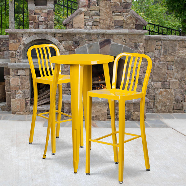 Yellow |#| 24inch Round Yellow Metal Indoor-Outdoor Bar Table Set with 2 Slat Back Stools