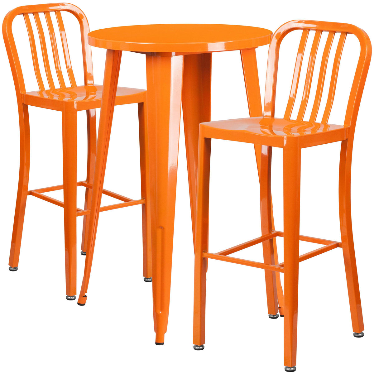 Orange |#| 24inch Round Orange Metal Indoor-Outdoor Bar Table Set with 2 Slat Back Stools