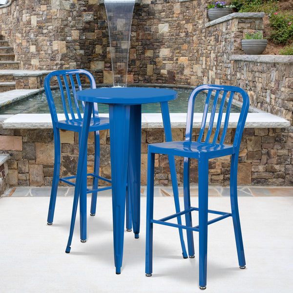 Blue |#| 24inch Round Blue Metal Indoor-Outdoor Bar Table Set with 2 Slat Back Stools