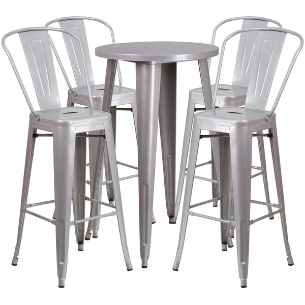 Silver |#| 24inch Round Silver Metal Indoor-Outdoor Bar Table Set with 4 Cafe Stools