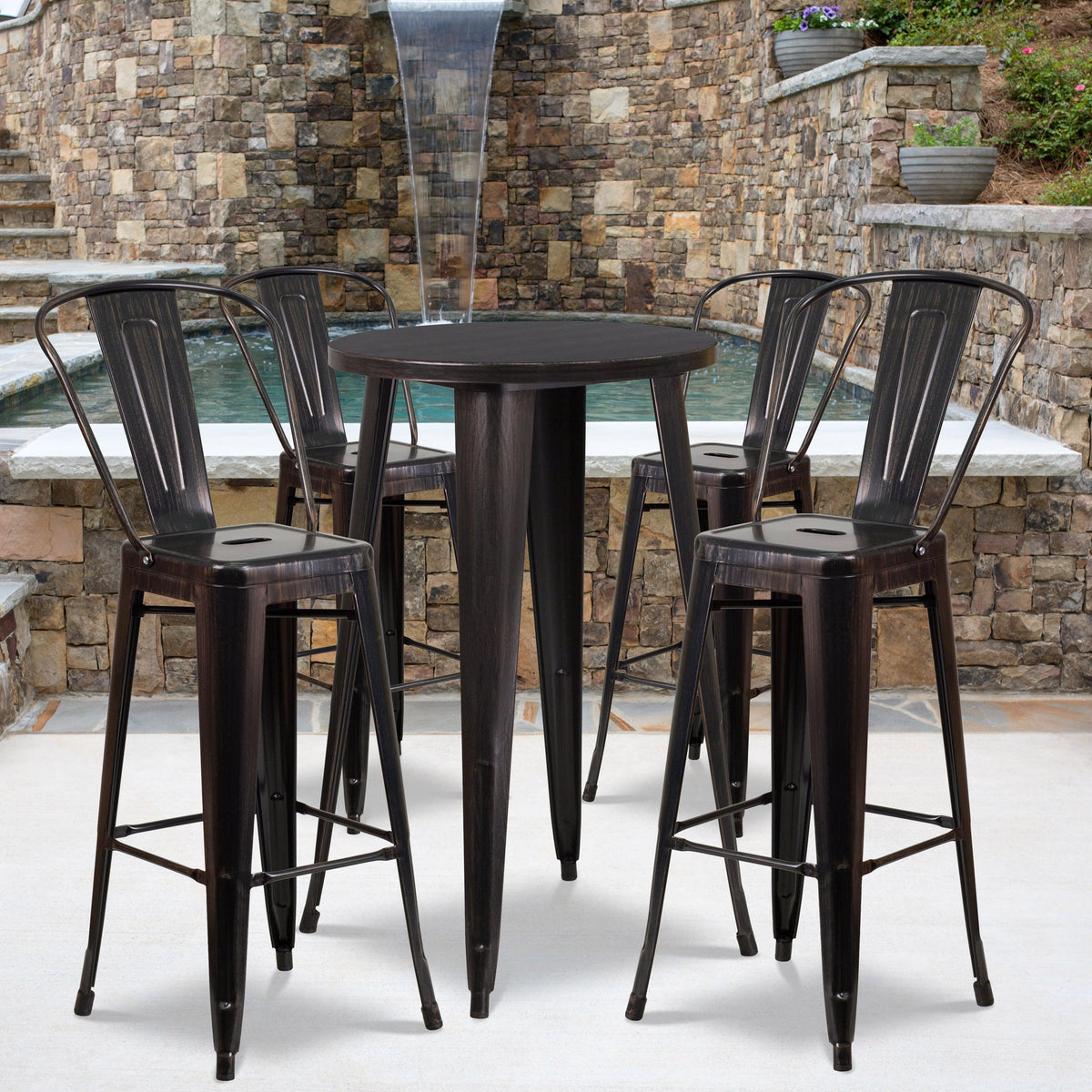 Black-Antique Gold |#| 24inch Round Black-Gold Metal Indoor-Outdoor Bar Table Set with 4 Cafe Stools