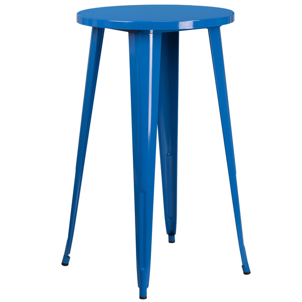 Blue |#| 24inch Round Blue Metal Indoor-Outdoor Bar Table Set with 4 Backless Stools