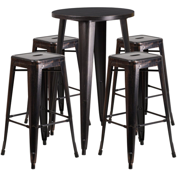 Black-Antique Gold |#| 24inch Round Black-Gold Metal Indoor-Outdoor Bar Table Set with 4 Backless Stools