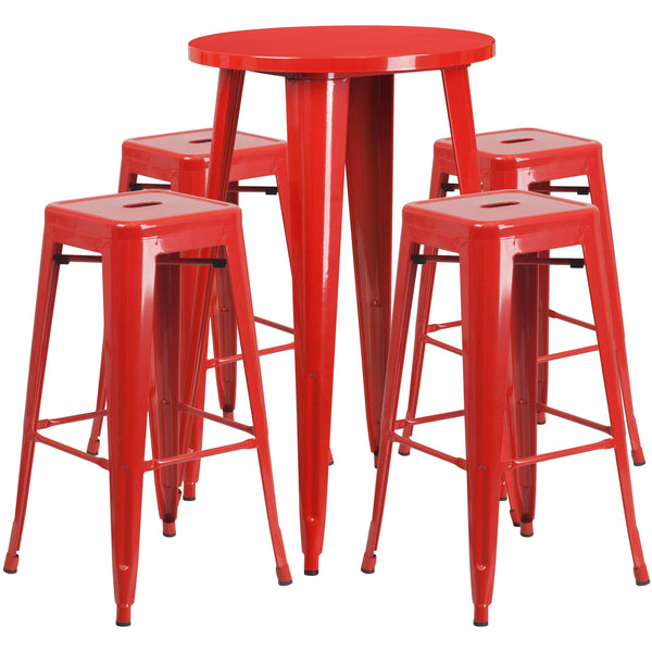 Red |#| 24inch Round Red Metal Indoor-Outdoor Bar Table Set with 4 Backless Stools