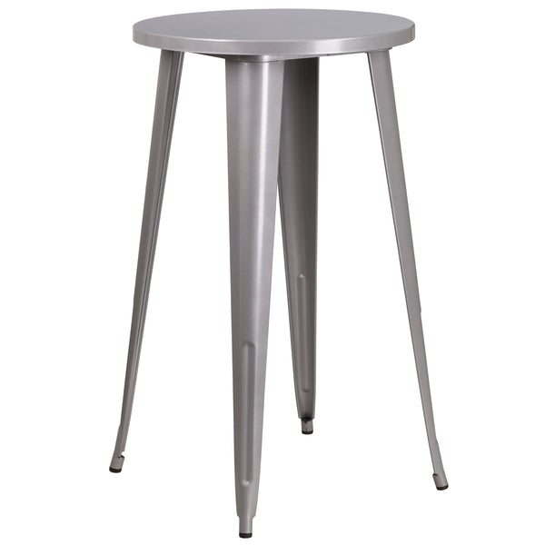 Silver |#| 24inch Round Silver Metal Indoor-Outdoor Bar Table Set with 4 Backless Stools