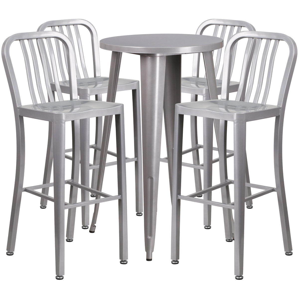 Silver |#| 24inch Round Silver Metal Indoor-Outdoor Bar Table Set with 4 Slat Back Stools