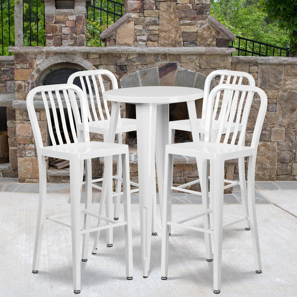 White |#| 24inch Round White Metal Indoor-Outdoor Bar Table Set with 4 Slat Back Stools