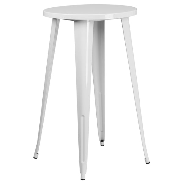 White |#| 24inch Round White Metal Indoor-Outdoor Bar Table Set with 4 Slat Back Stools