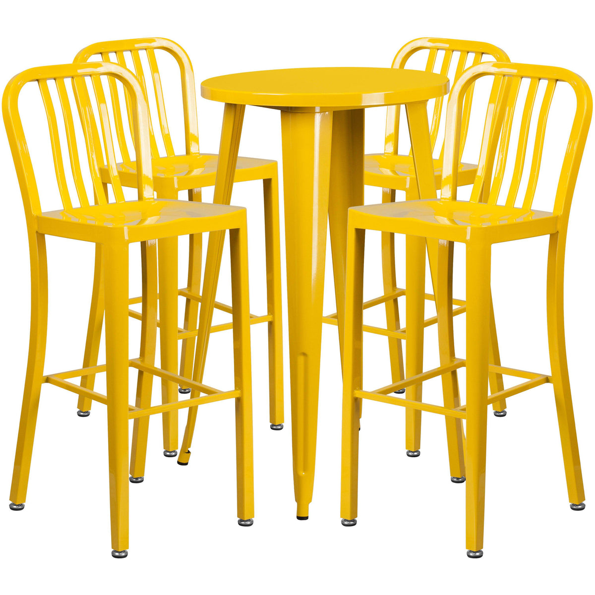 Yellow |#| 24inch Round Yellow Metal Indoor-Outdoor Bar Table Set with 4 Slat Back Stools
