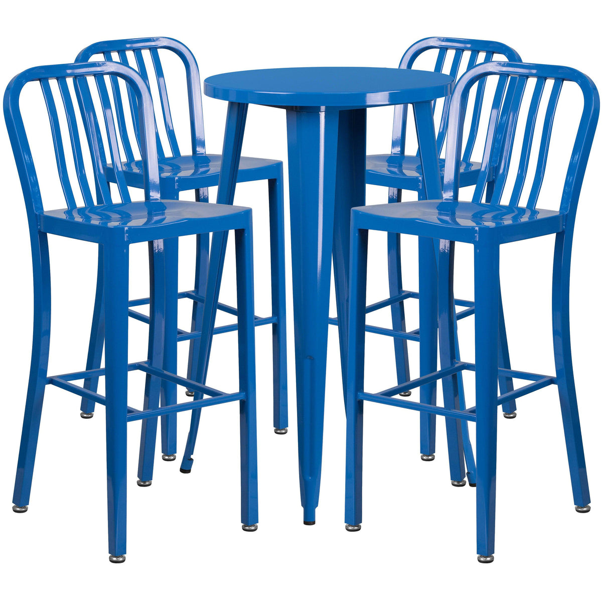 Blue |#| 24inch Round Blue Metal Indoor-Outdoor Bar Table Set with 4 Slat Back Stools