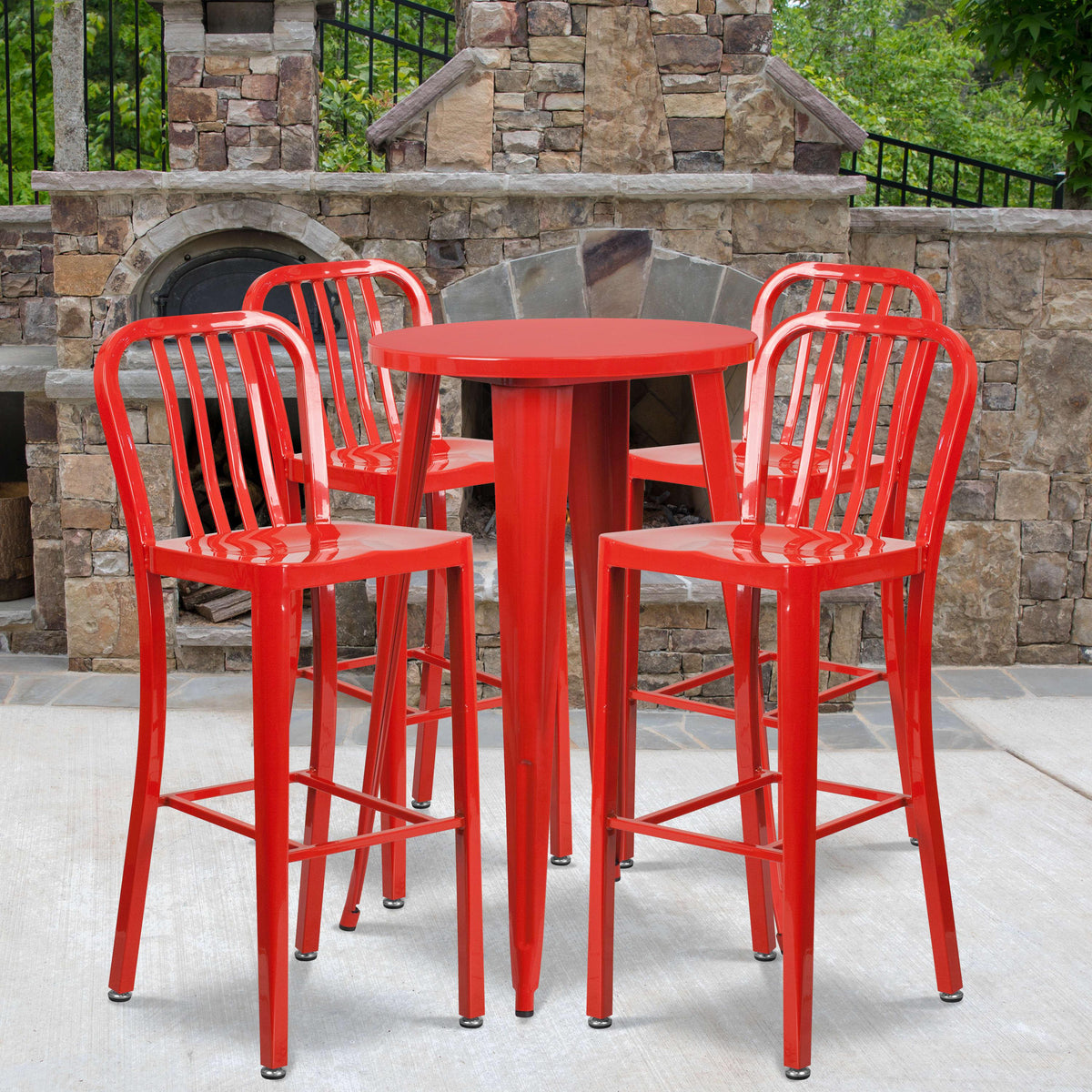 Red |#| 24inch Round Red Metal Indoor-Outdoor Bar Table Set with 4 Slat Back Stools