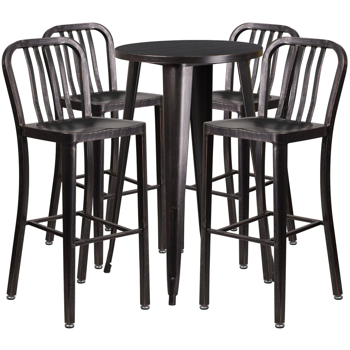 Black-Antique Gold |#| 24inch Round Black-Gold Metal Indoor-Outdoor Bar Table Set with 4 Slat Back Stools