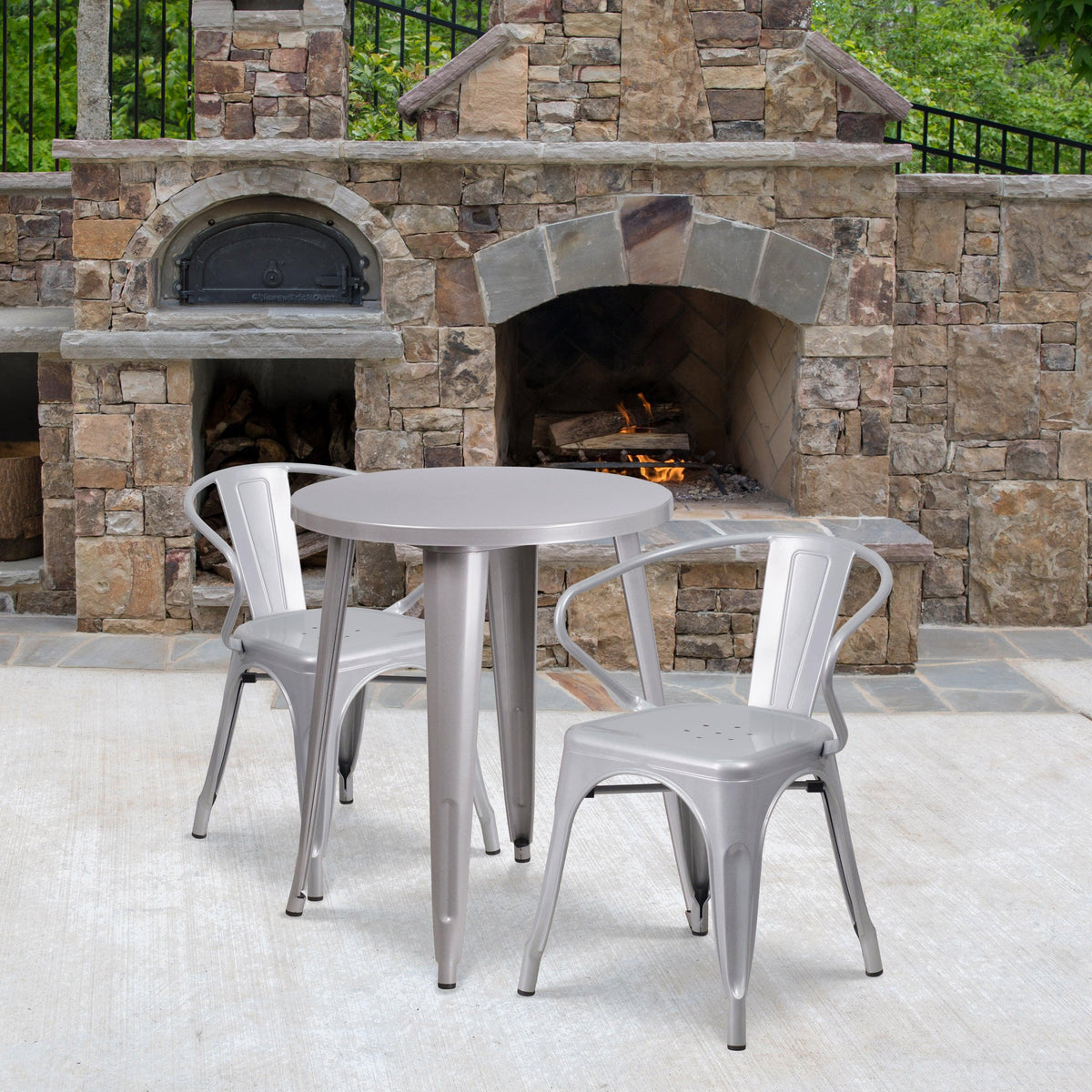 Silver |#| 24inch Round Silver Metal Indoor-Outdoor Table Set with 2 Arm Chairs - Patio Set