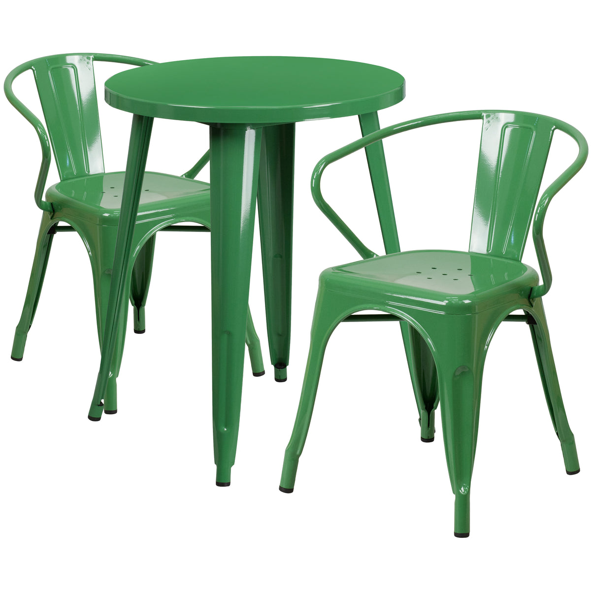 Green |#| 24inch Round Green Metal Indoor-Outdoor Table Set with 2 Arm Chairs - Patio Set