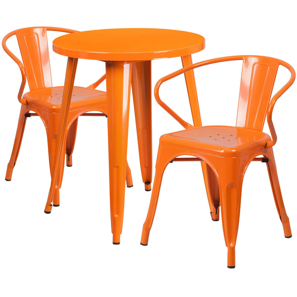 Orange |#| 24inch Round Orange Metal Indoor-Outdoor Table Set with 2 Arm Chairs - Patio Set
