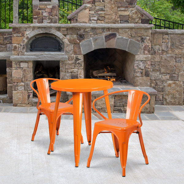 Orange |#| 24inch Round Orange Metal Indoor-Outdoor Table Set with 2 Arm Chairs - Patio Set