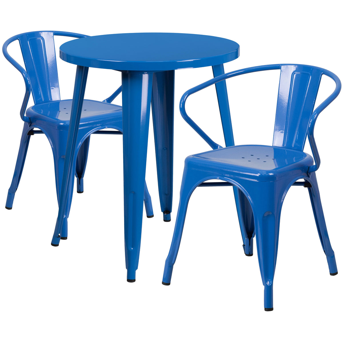 Blue |#| 24inch Round Blue Metal Indoor-Outdoor Table Set with 2 Arm Chairs - Patio Set