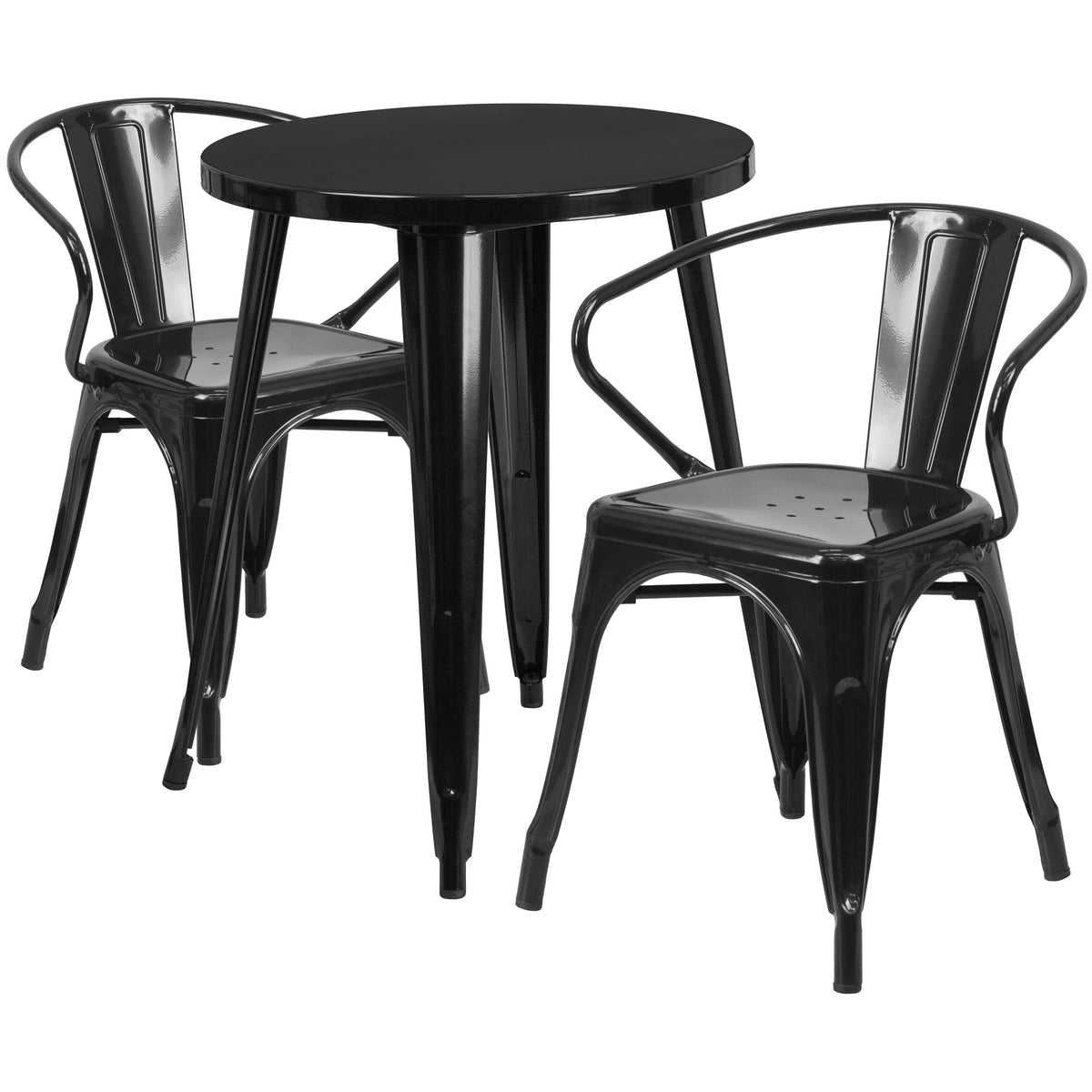 Black |#| 24inch Round Black Metal Indoor-Outdoor Table Set with 2 Arm Chairs - Patio Set