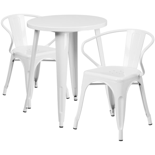 White |#| 24inch Round White Metal Indoor-Outdoor Table Set with 2 Arm Chairs - Patio Set