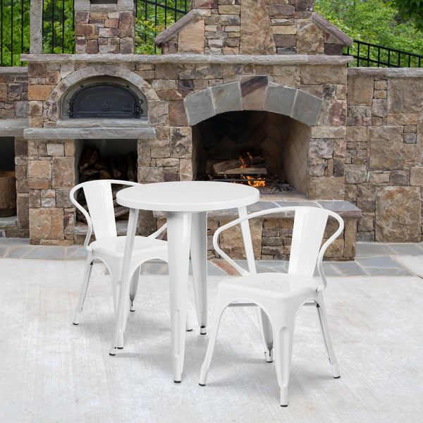 White |#| 24inch Round White Metal Indoor-Outdoor Table Set with 2 Arm Chairs - Patio Set