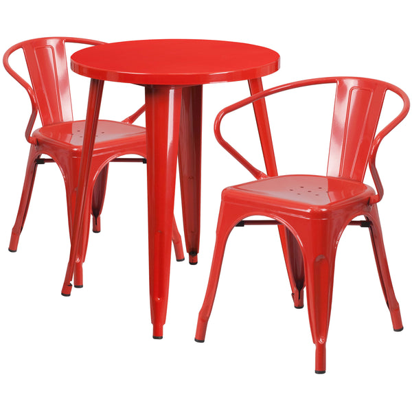 Red |#| 24inch Round Red Metal Indoor-Outdoor Table Set with 2 Arm Chairs - Patio Set