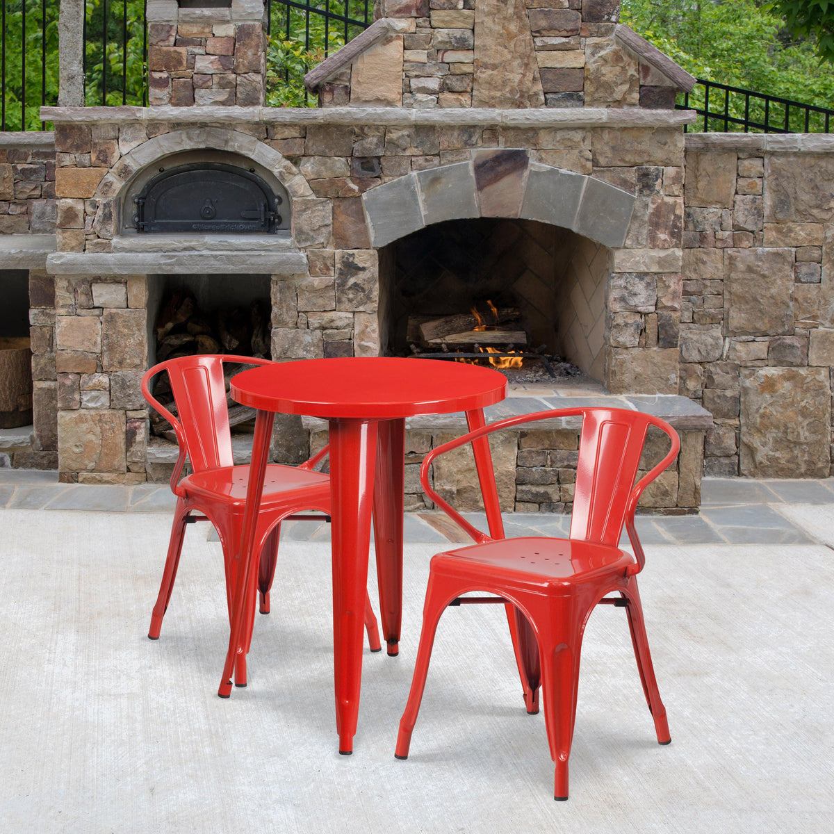 Red |#| 24inch Round Red Metal Indoor-Outdoor Table Set with 2 Arm Chairs - Patio Set