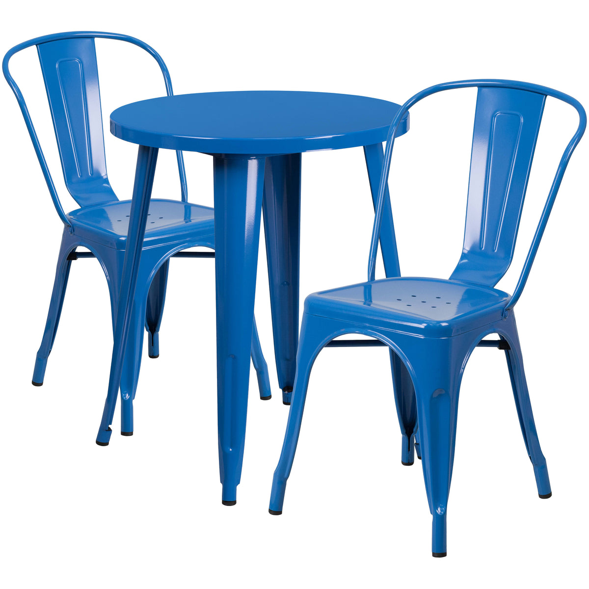 Blue |#| 24inch Round Blue Metal Indoor-Outdoor Table Set with 2 Cafe Chairs - Patio Set